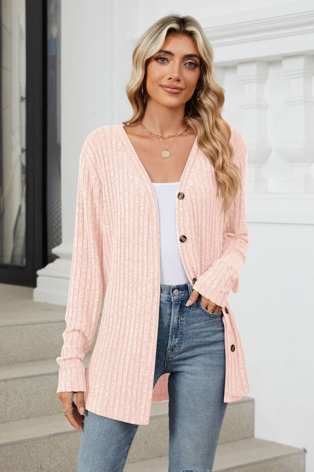 Loose Button Up Long Sleeve Cardigan - Celeste  Sweaters & Cardigans/Cardigans  