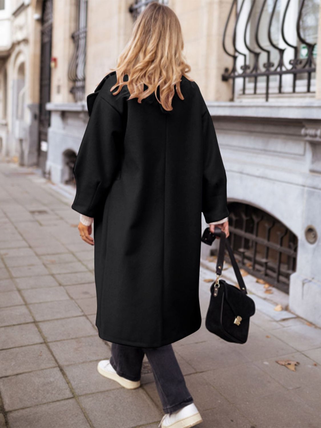 Pocketed Collared Neck Long Sleeve Coat - Celeste    