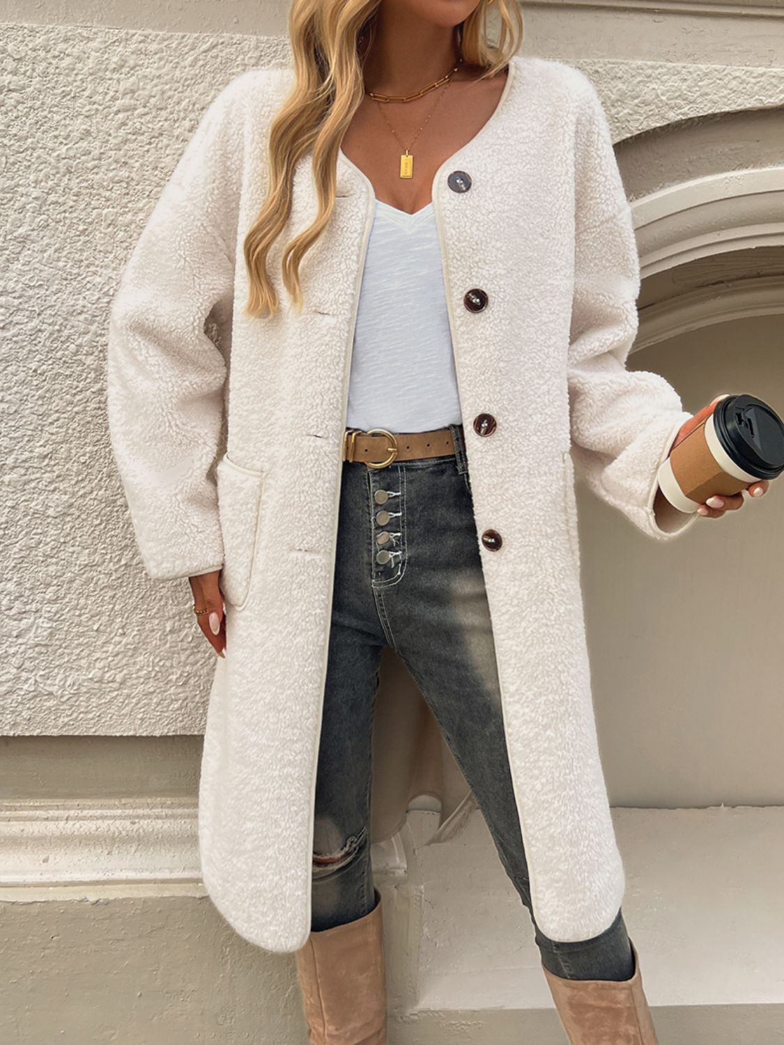 Devine Button Up Long Sleeve Coat - Celeste    