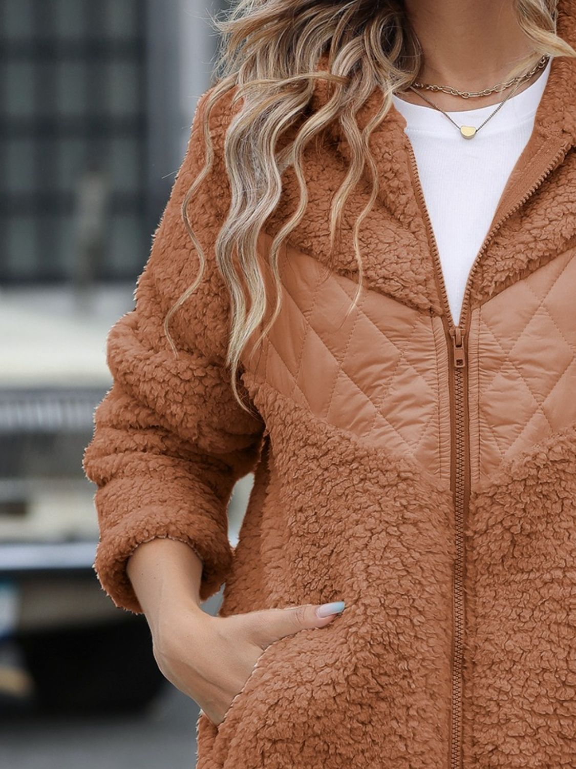 Fuzzy Zip Up Long Sleeve Hooded Jacket - Celeste    