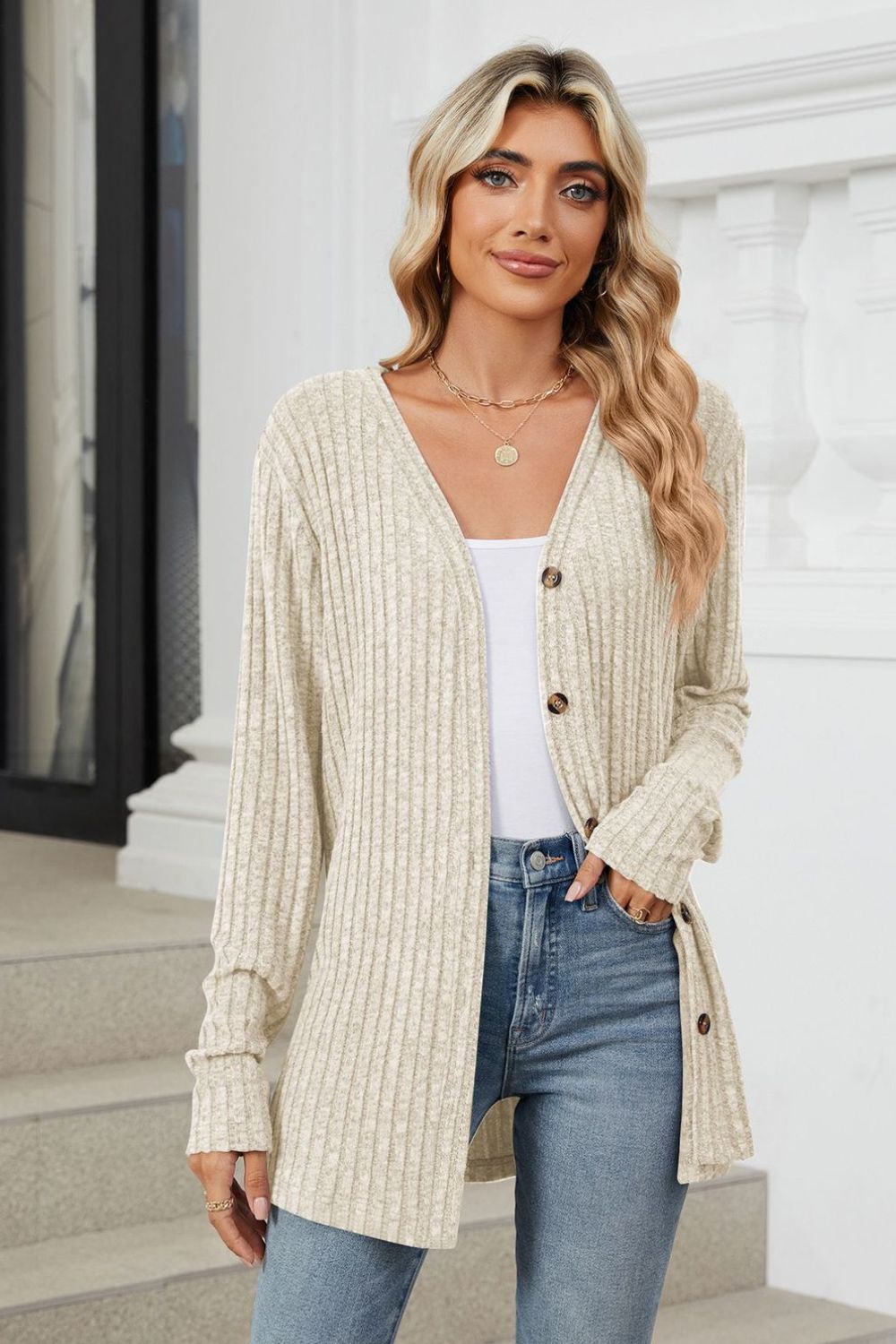 Loose Button Up Long Sleeve Cardigan - Celeste  Sweaters & Cardigans/Cardigans  