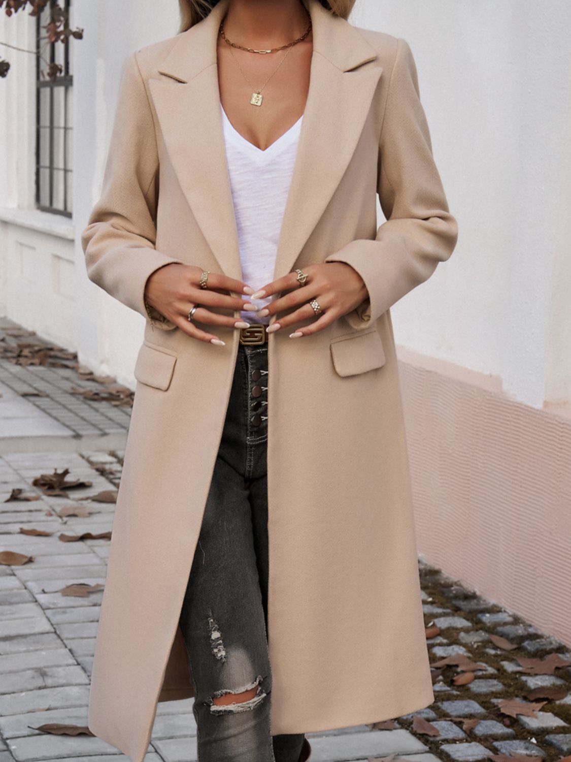 Devine Pocketed Collared Neck Long Sleeve Coat - Celeste    