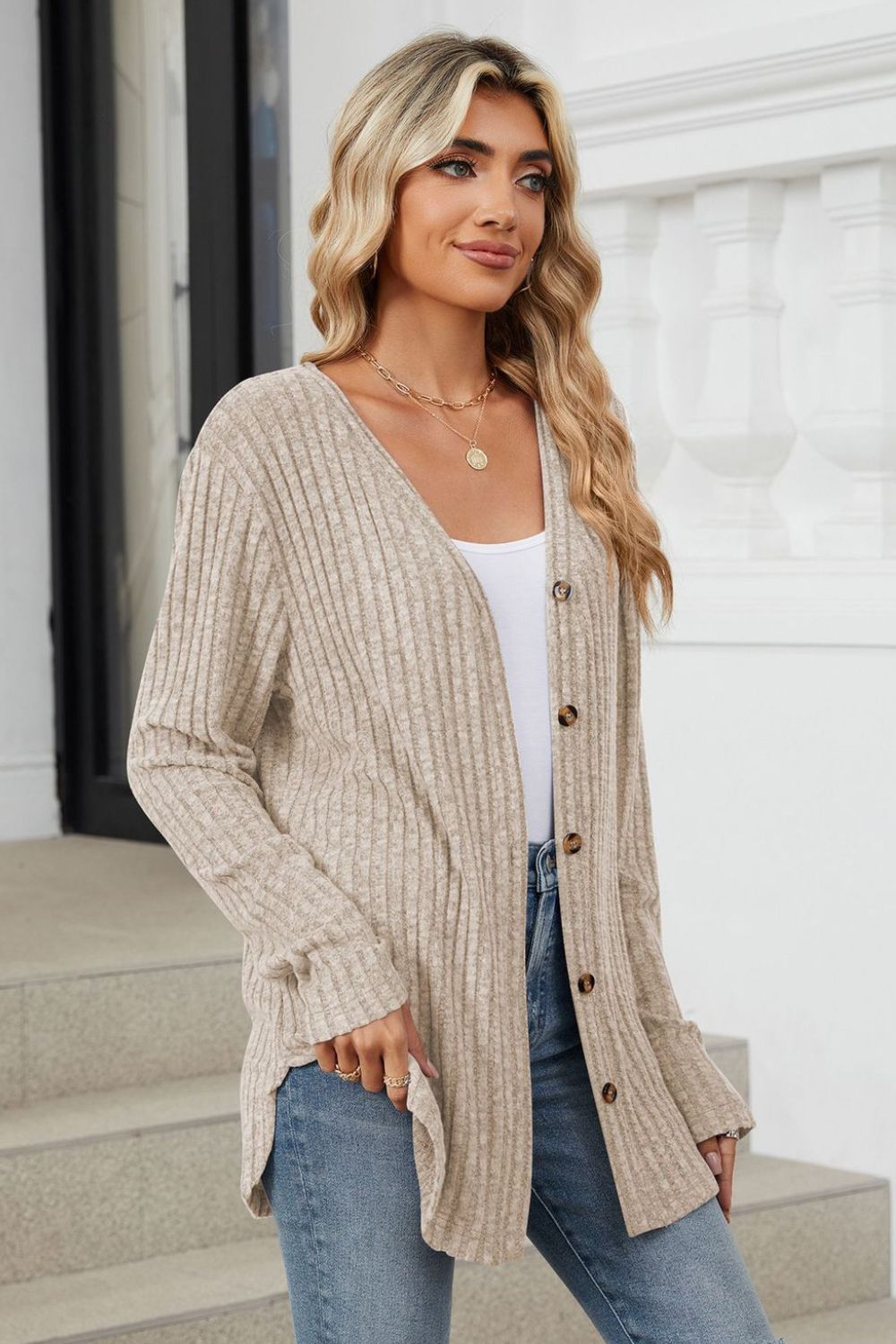 Loose Button Up Long Sleeve Cardigan - Celeste  Sweaters & Cardigans/Cardigans  