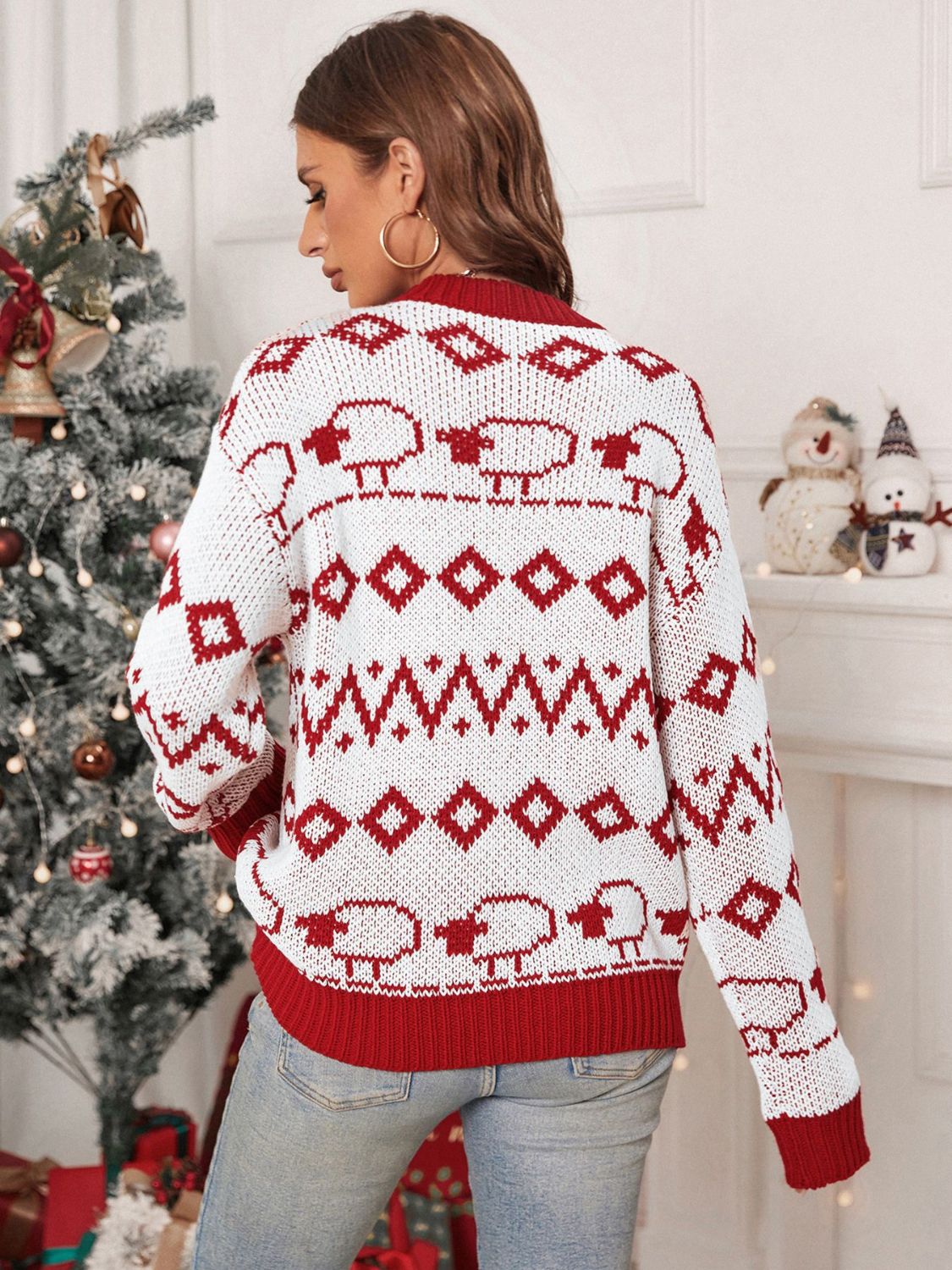Perfee Contrast Geometric Round Neck Long Sleeve Sweater - Celeste    