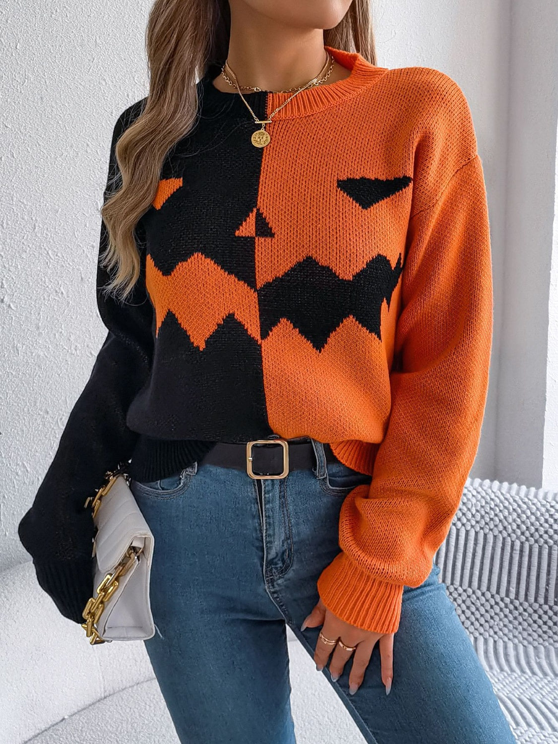 Contrast Round Neck Long Sleeve Sweater - Celeste    