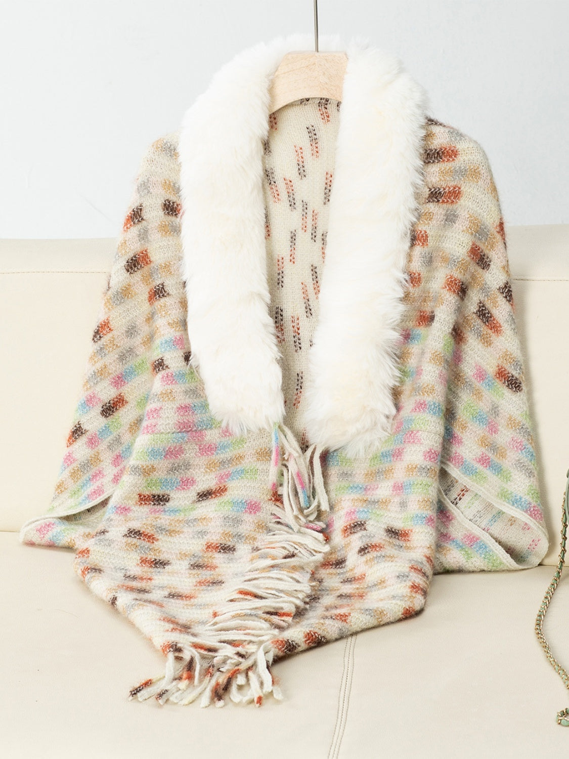 Fringe Fuzzy Open Front Poncho - Celeste    
