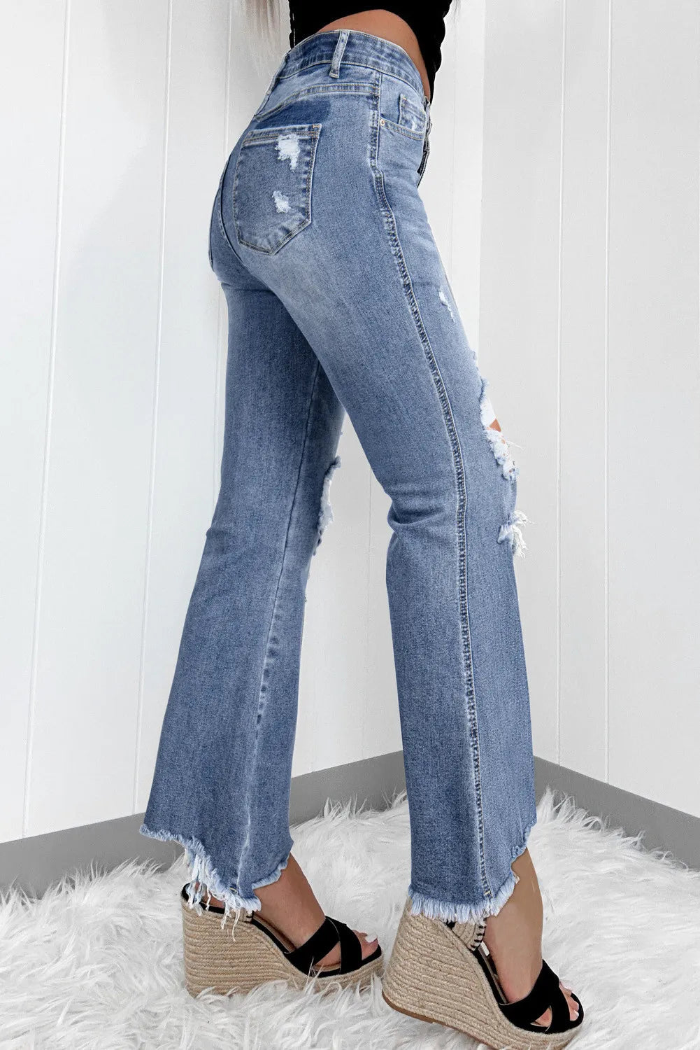 Distressed Raw Hem Bootcut Jeans - Celeste    