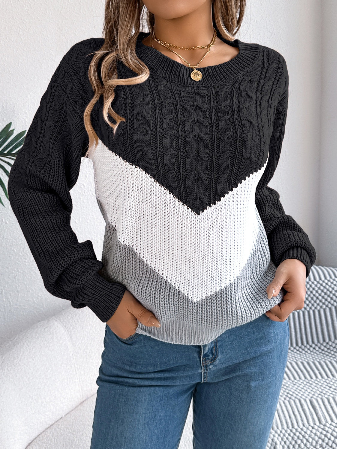 Cable-Knit Color Block Round Neck Sweater - Celeste    