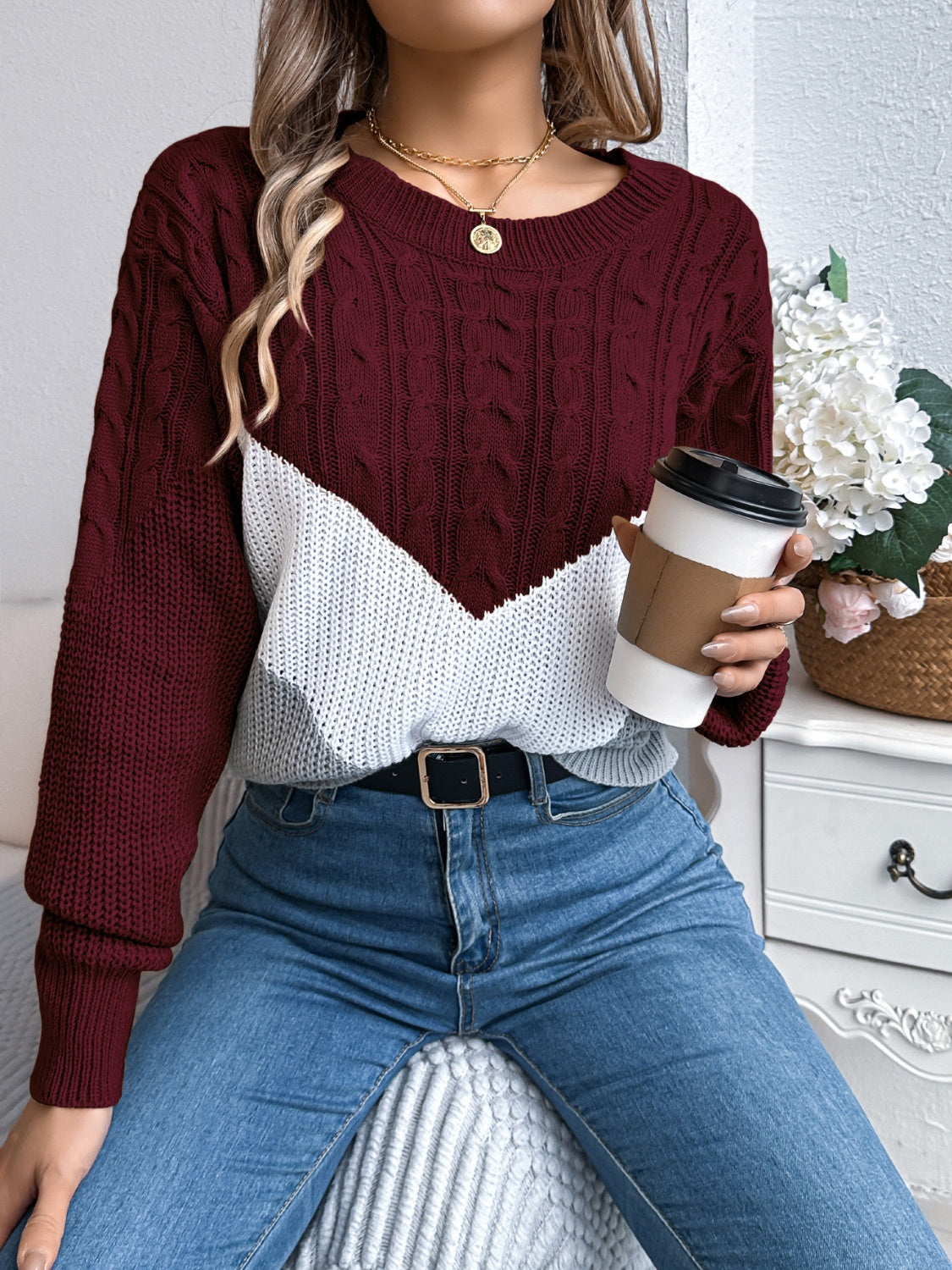 Cable-Knit Color Block Round Neck Sweater - Celeste    