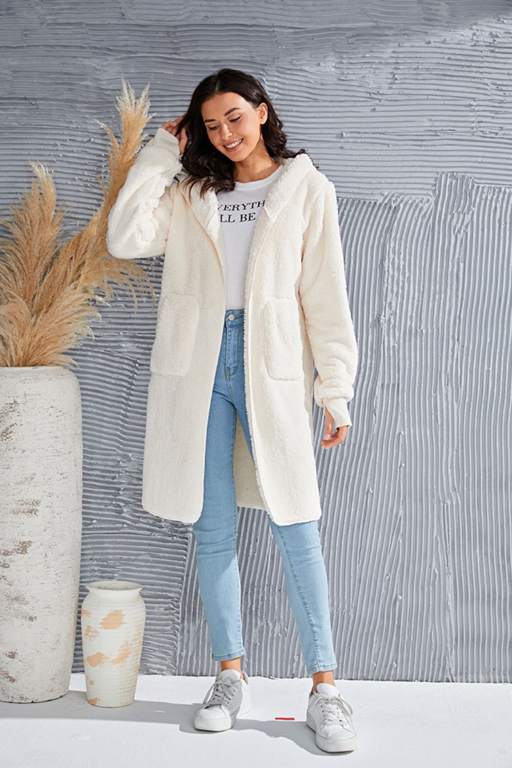 Double Take Full Size Hooded Teddy Bear Jacket with Thumbholes - Celeste    