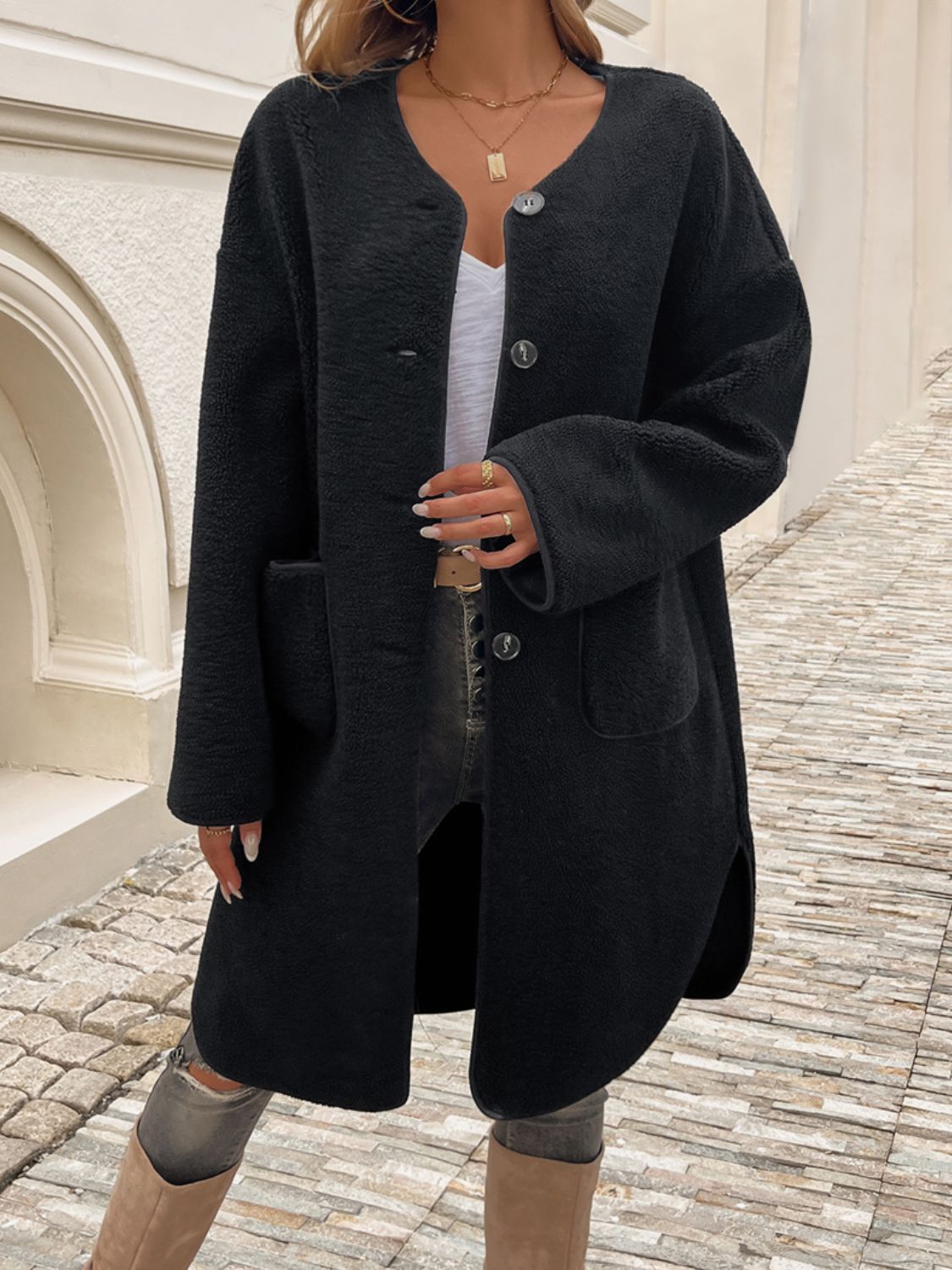 Devine Button Up Long Sleeve Coat - Celeste    