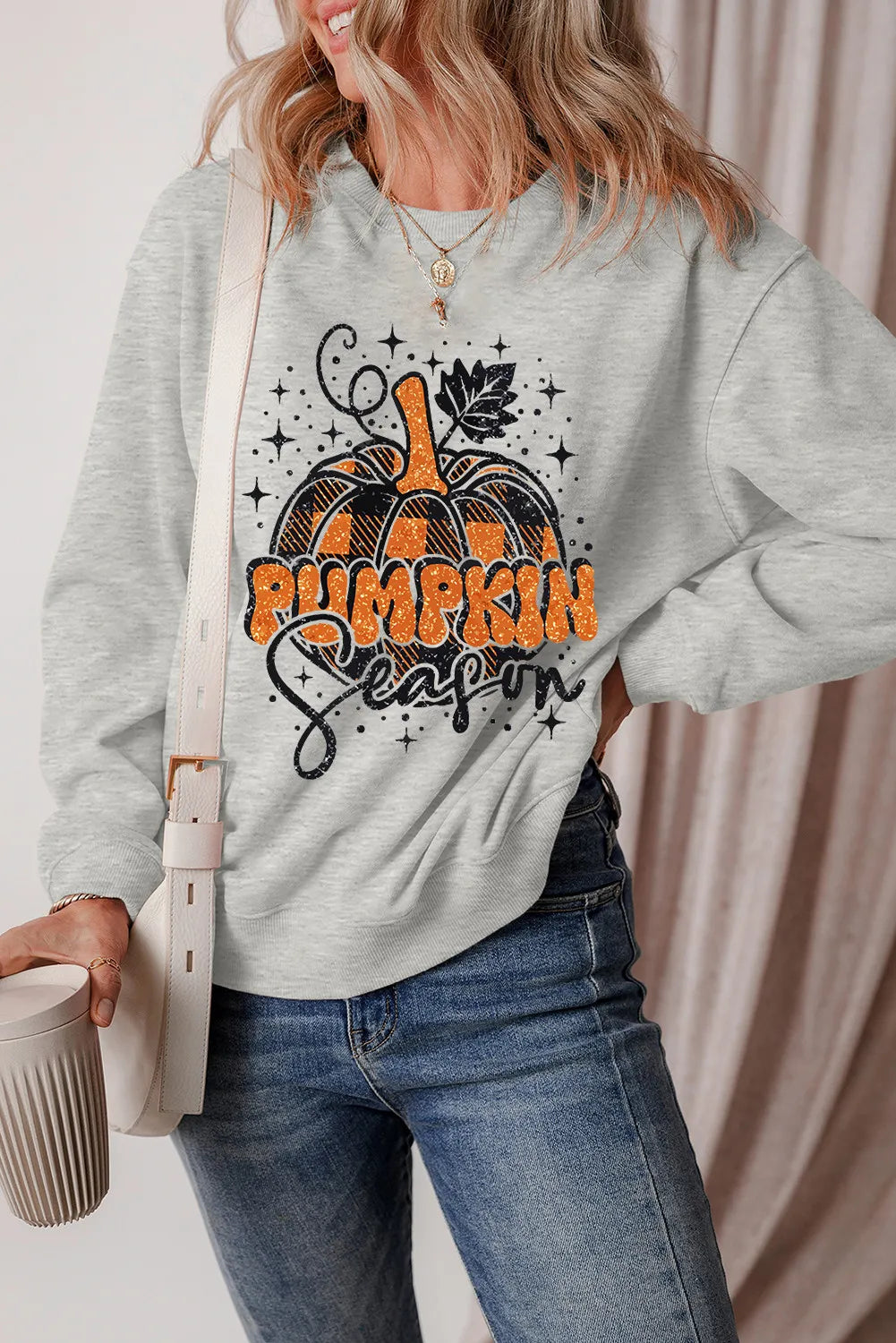 Graphic Round Neck Long Sleeve Sweatshirt - Celeste    