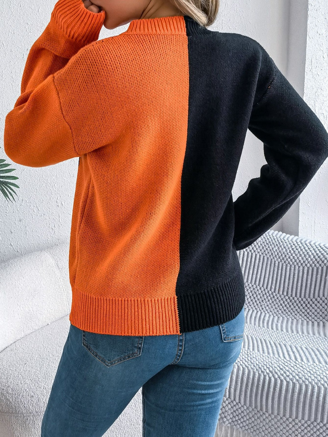 Contrast Round Neck Long Sleeve Sweater - Celeste    