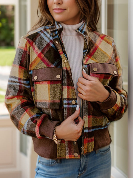 Pocketed Plaid Long Sleeve Jacket - Celeste    
