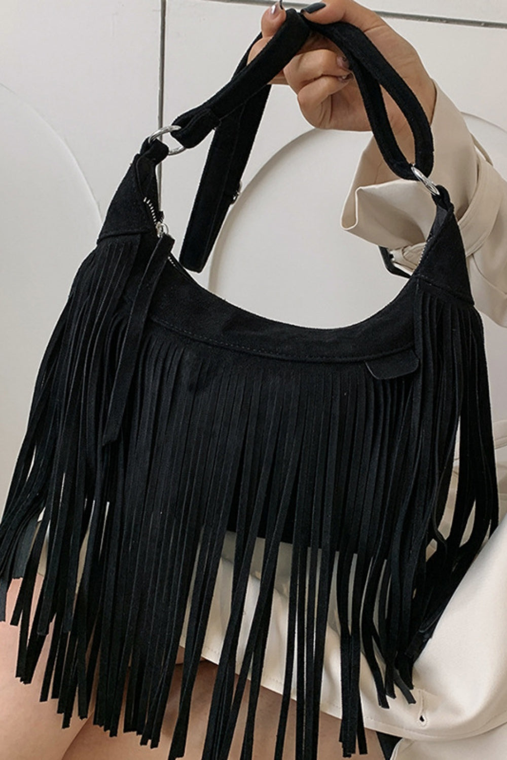 Suede Fringe Adjustable Strap Shoulder Bag - Celeste    