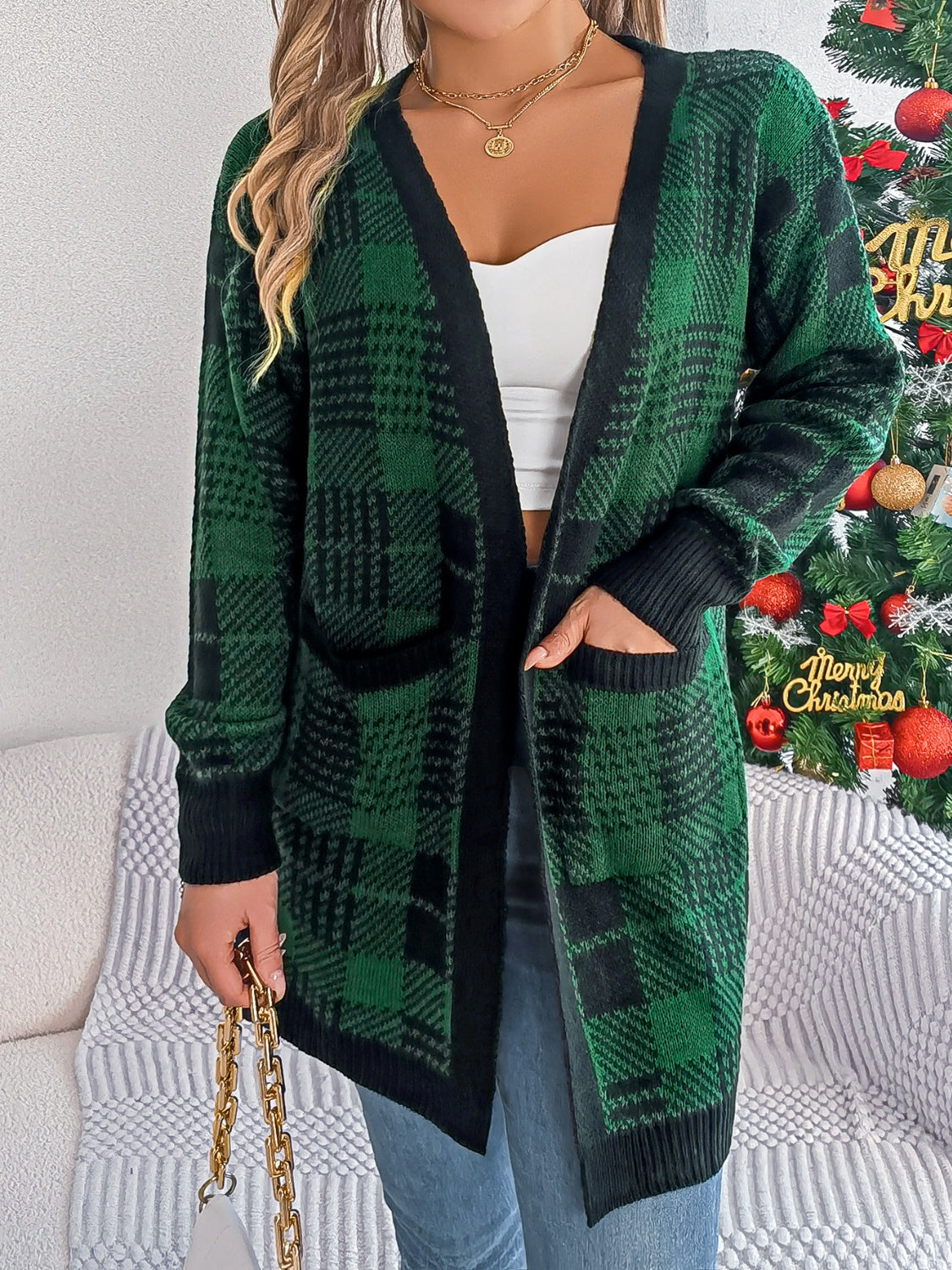 Plaid Open Front Long Sleeve Cardigan - Celeste    