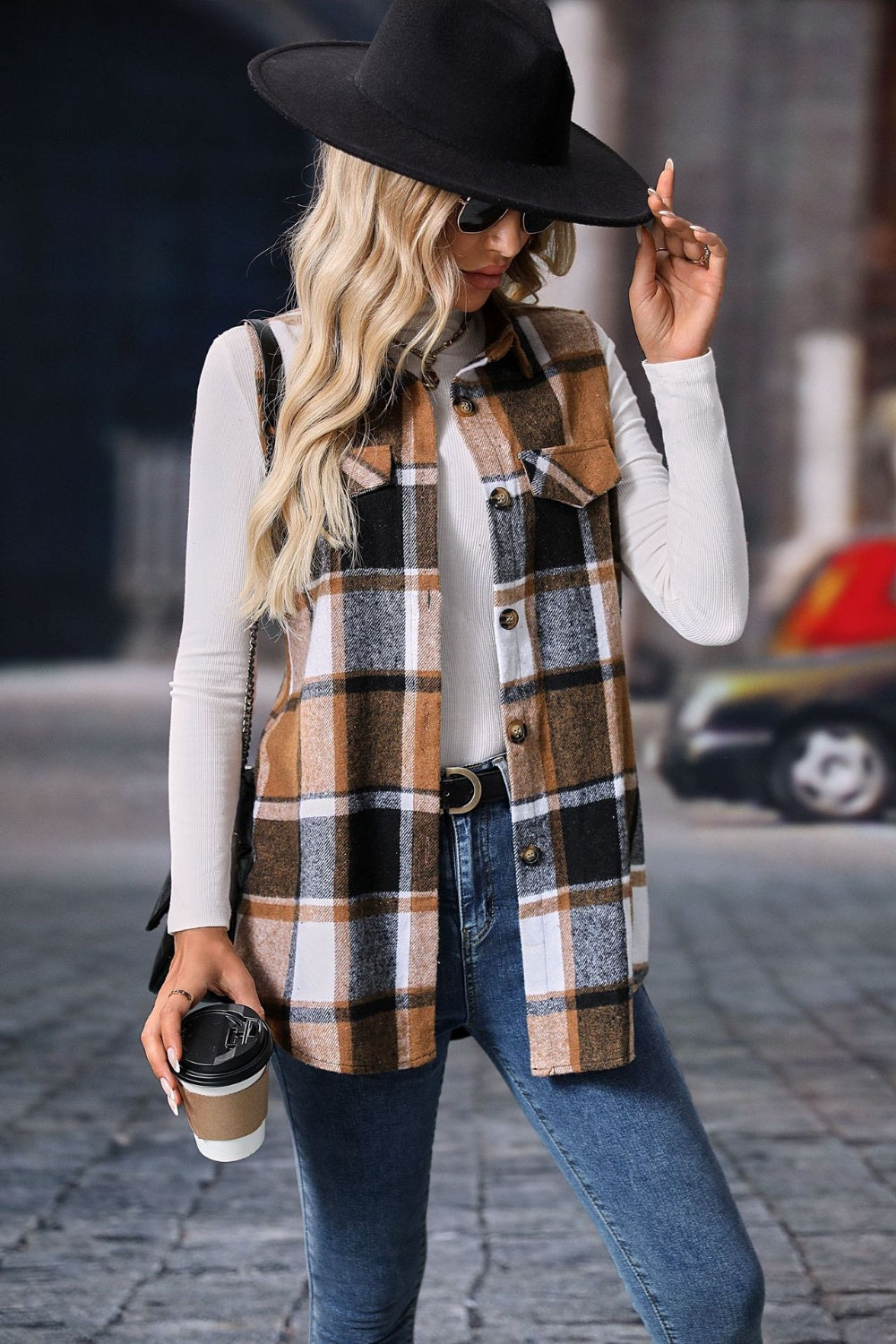 Plaid Button Up Vest Coat - Celeste    