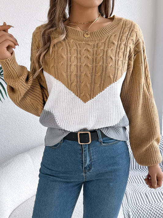 Cable-Knit Color Block Round Neck Sweater - Celeste    