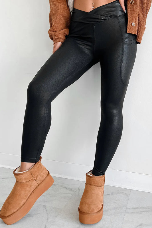 Pocketed V-Cut Waist Leggings - Celeste    
