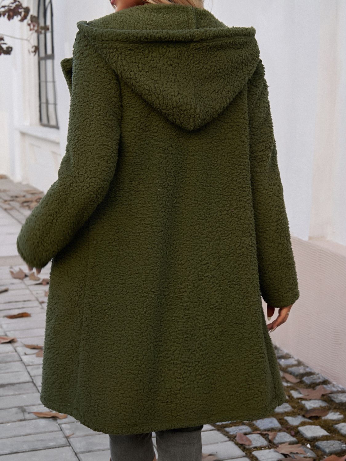 Devine Pocketed Long Sleeve Hooded Teddy Coat - Celeste    