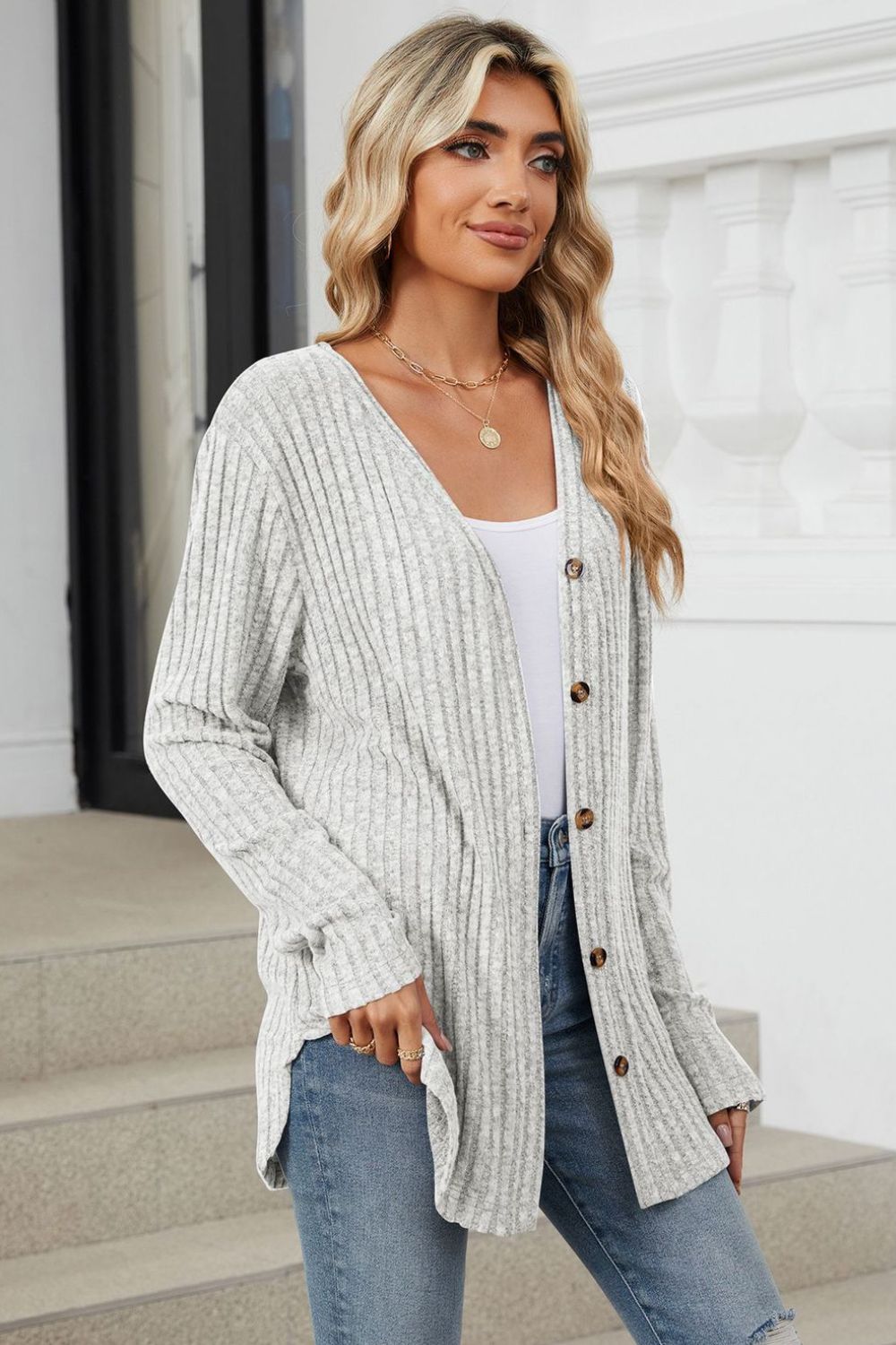 Loose Button Up Long Sleeve Cardigan - Celeste  Sweaters & Cardigans/Cardigans  