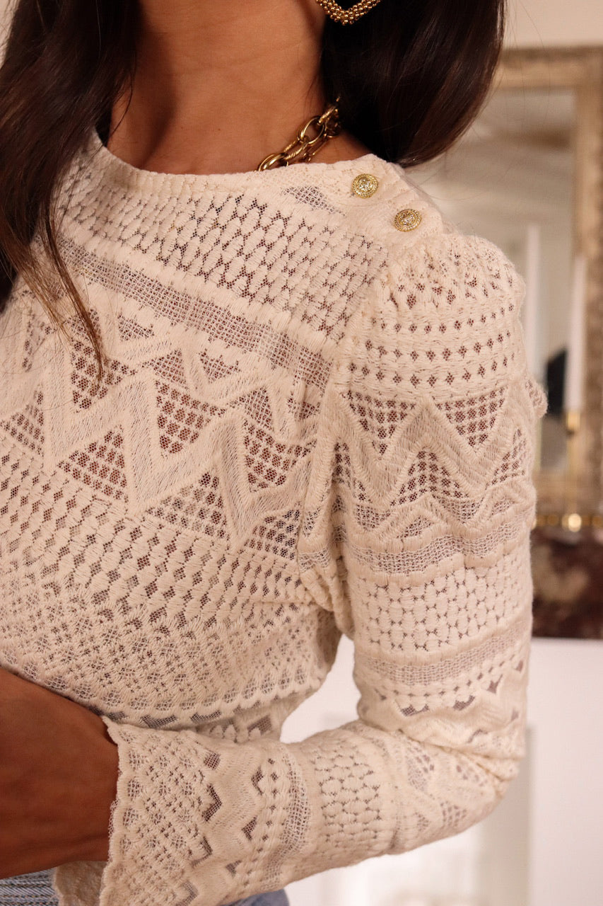 White Geometric Lace Blouse - Celeste  Tops/Blouses & Shirts  