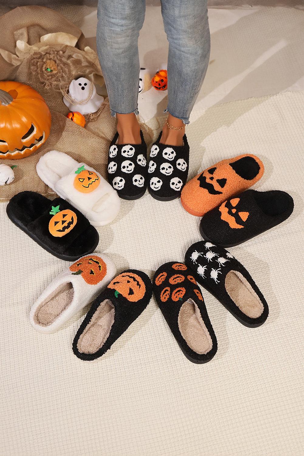 White Halloween Pumpkin Print Plush Slippers (Runs Small, Size Up) - Celeste  Shoes & Bags/Slippers  