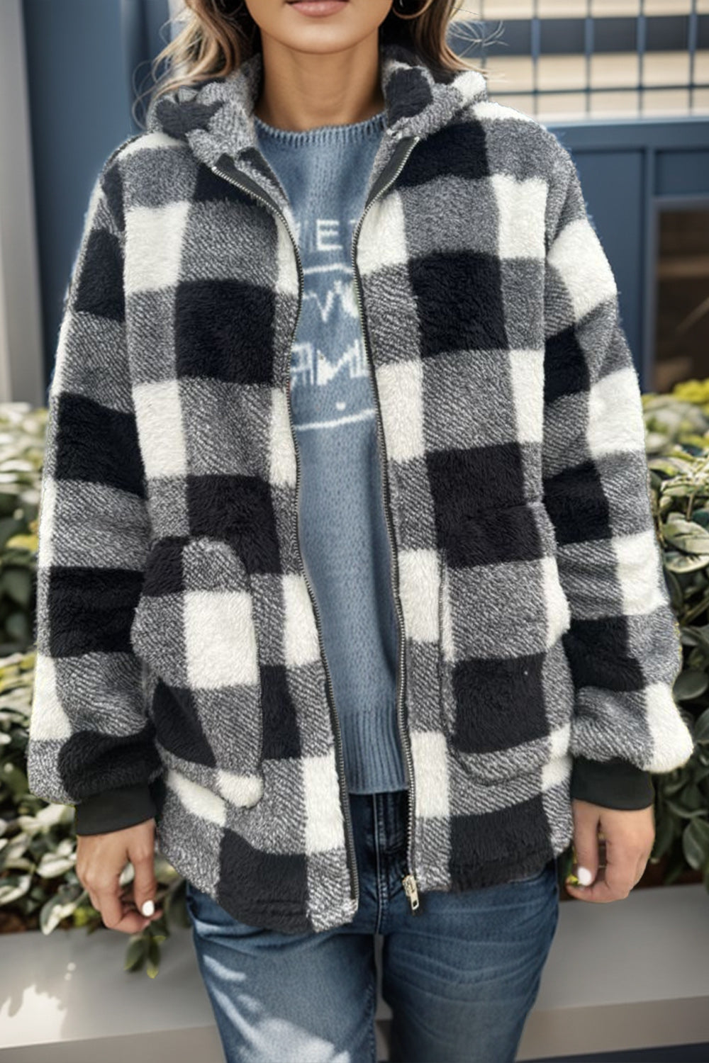 Double Take Full Size Plaid Long Sleeve Hooded Coat - Celeste    