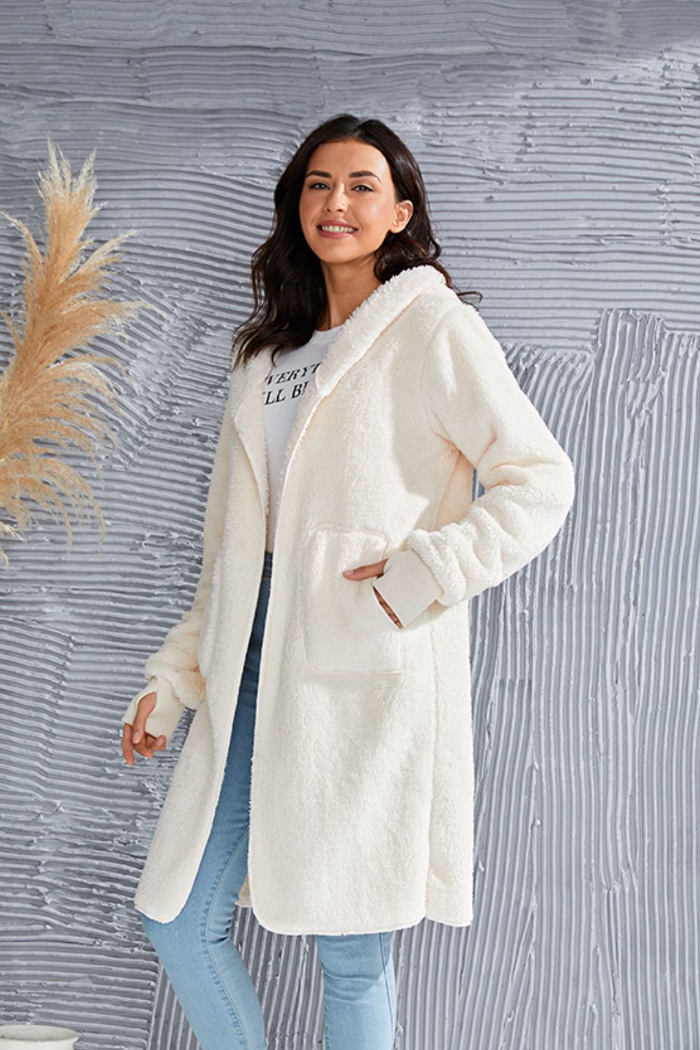 Double Take Full Size Hooded Teddy Bear Jacket with Thumbholes - Celeste    