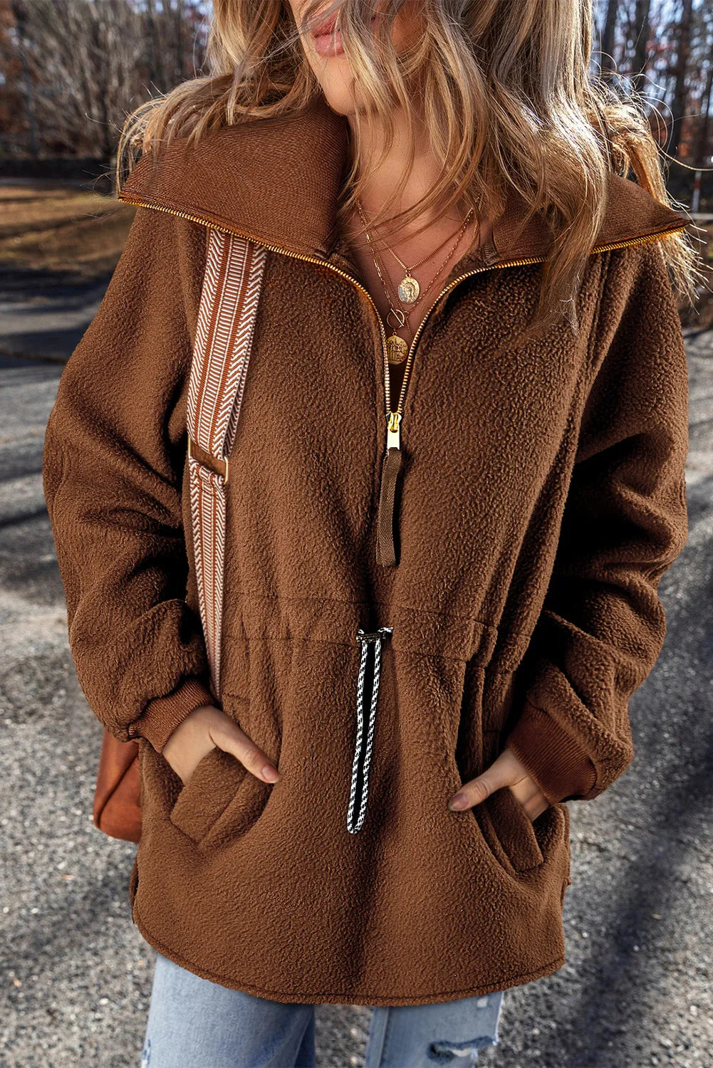 Drawstring Half Zip Long Sleeve Sweatshirt - Celeste    