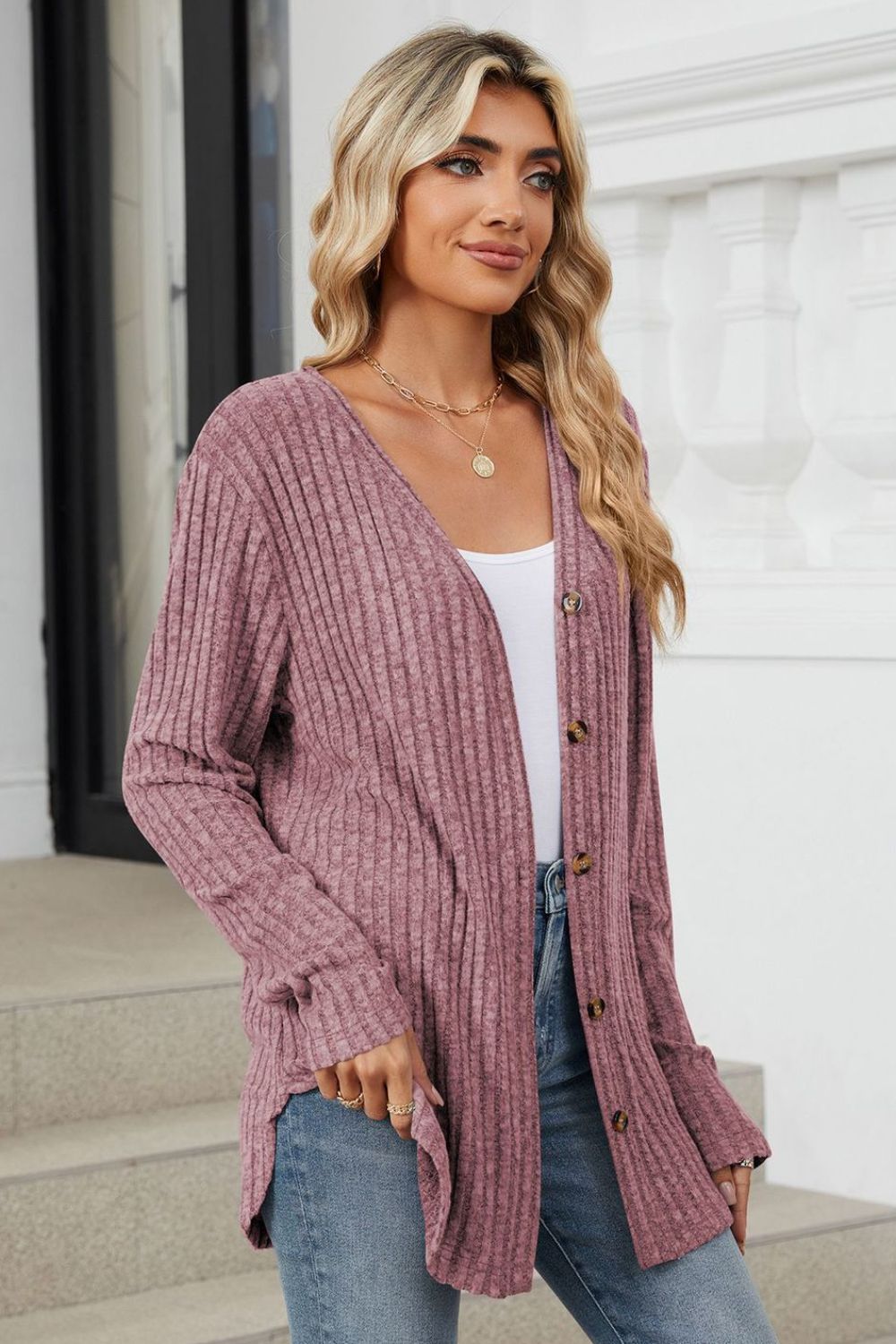 Loose Button Up Long Sleeve Cardigan - Celeste  Sweaters & Cardigans/Cardigans  
