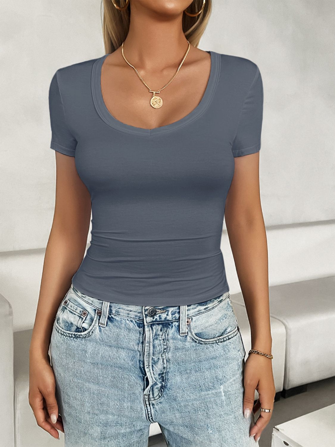 Devine Scoop Neck Short Sleeve T-Shirt - Celeste    