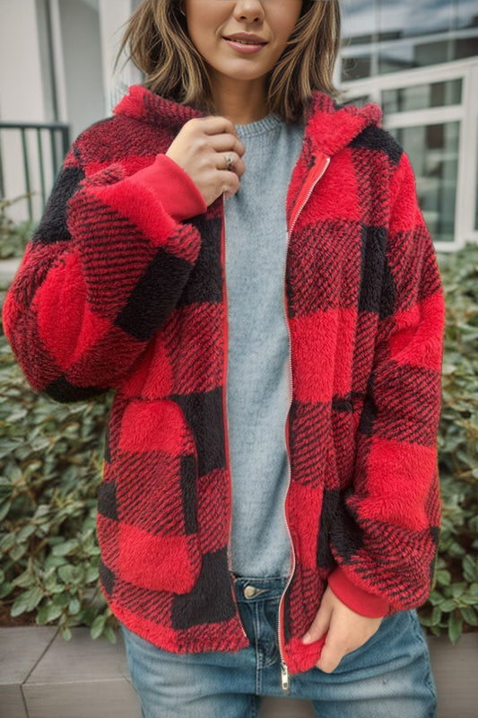 Double Take Full Size Plaid Long Sleeve Hooded Coat - Celeste    
