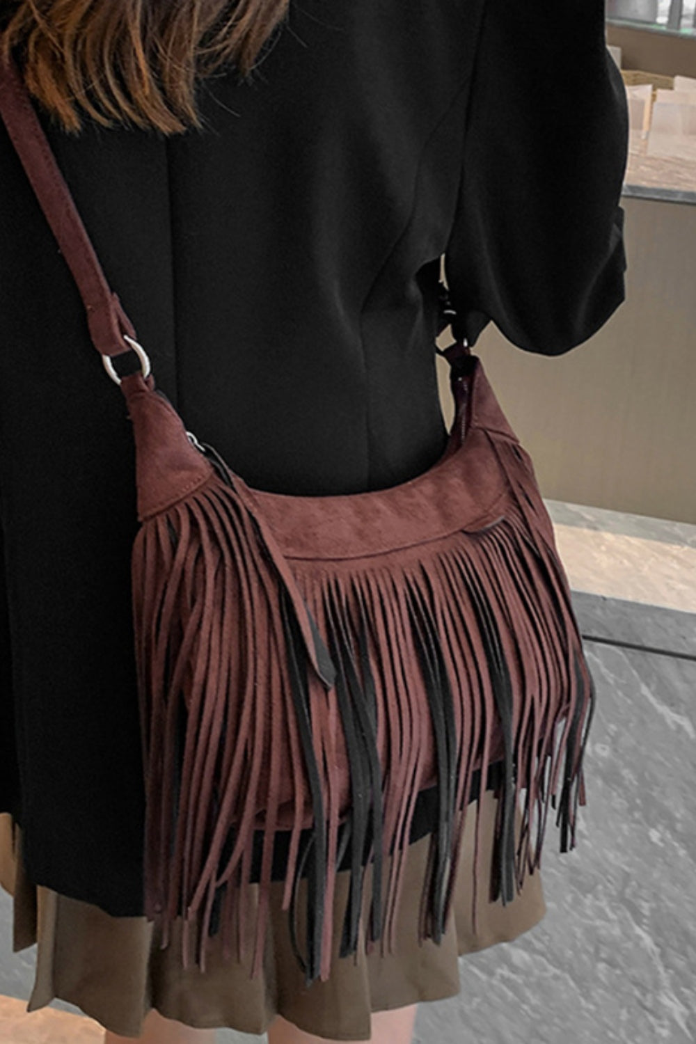 Suede Fringe Adjustable Strap Shoulder Bag - Celeste    