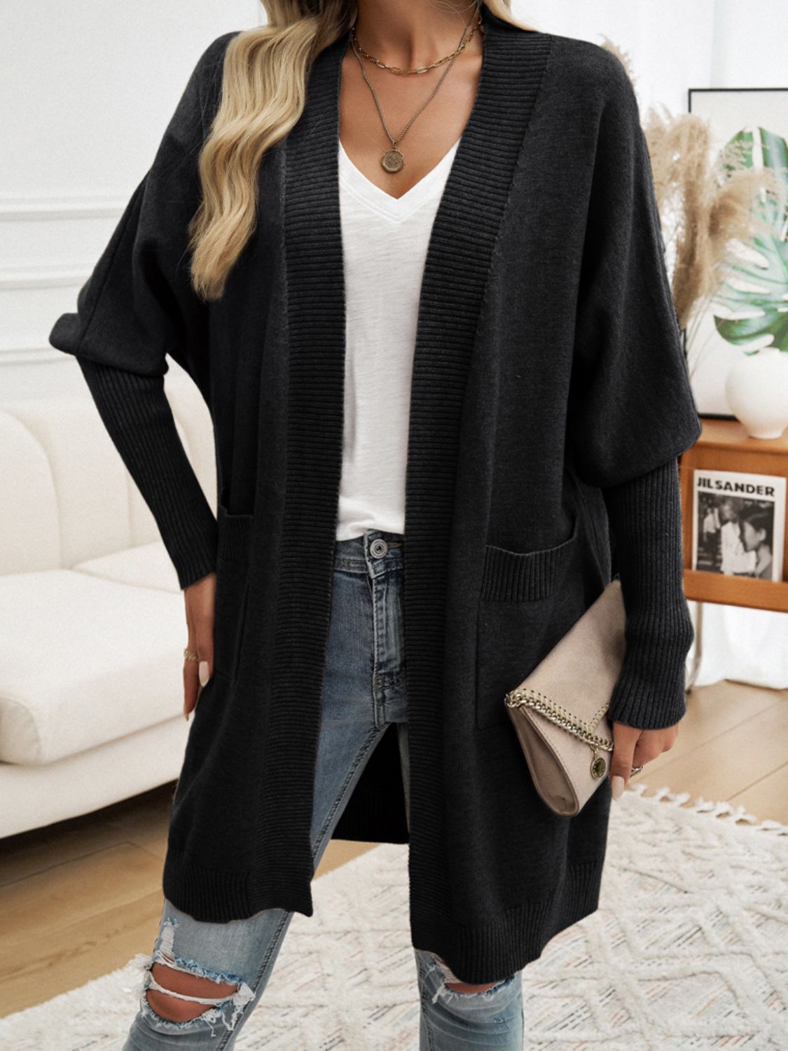 Devine Open Front Long Sleeve Cardigan - Celeste    