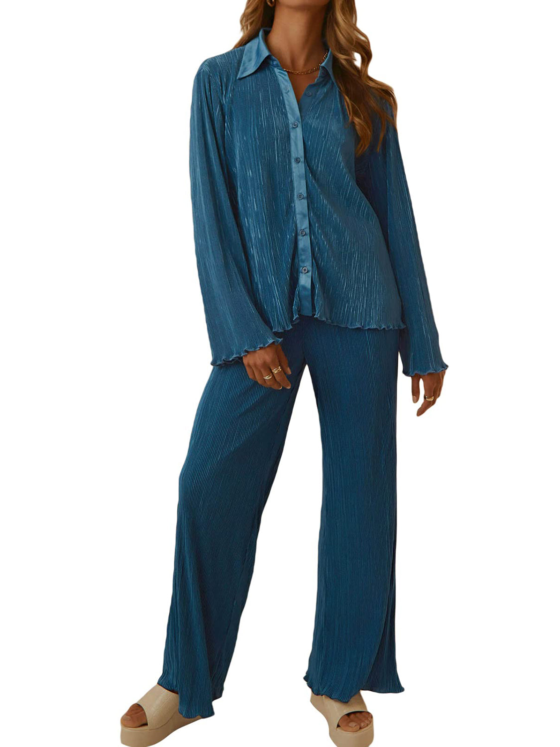 Collared Neck Long Sleeve Top and Pants Lounge Set - Celeste    