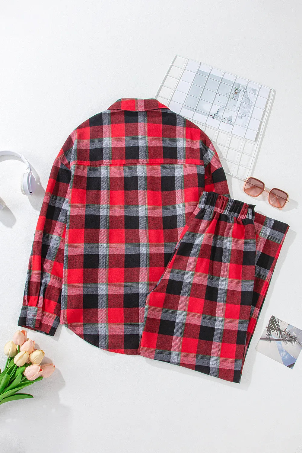 Plaid Long Sleeve Top and Pants Lounge Set - Celeste    