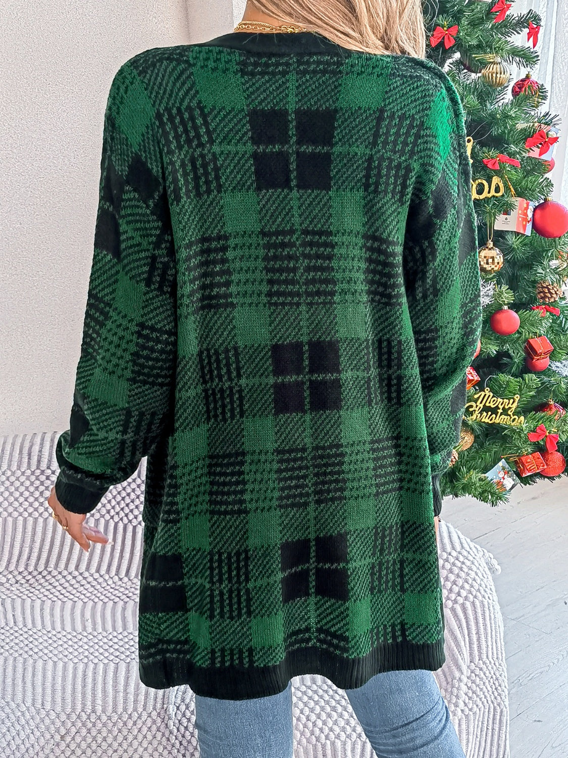 Plaid Open Front Long Sleeve Cardigan - Celeste    