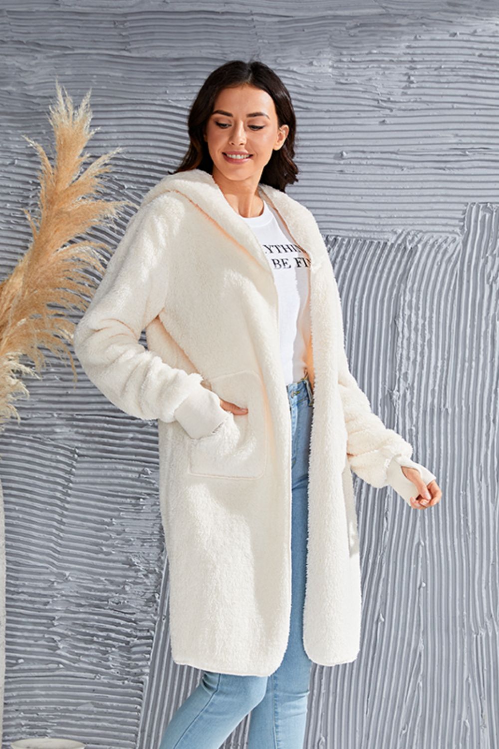 Double Take Full Size Hooded Teddy Bear Jacket with Thumbholes - Celeste    