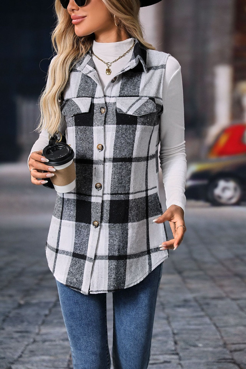 Plaid Button Up Vest Coat - Celeste    