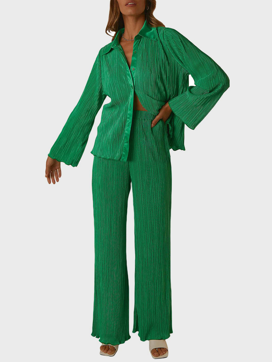 Collared Neck Long Sleeve Top and Pants Lounge Set - Celeste    