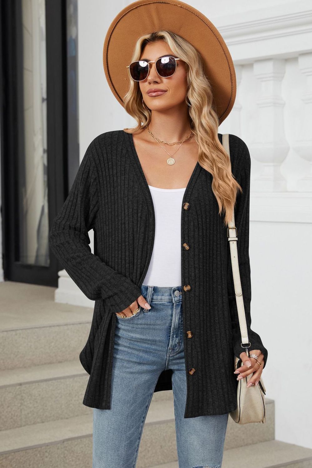 Loose Button Up Long Sleeve Cardigan - Celeste  Sweaters & Cardigans/Cardigans  