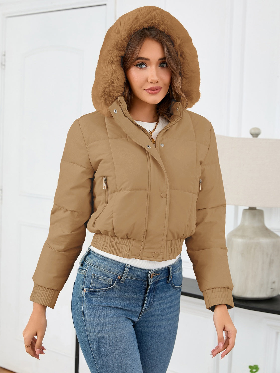 Pocketed Long Sleeve Cropped Hooded Winter Coat - Celeste    