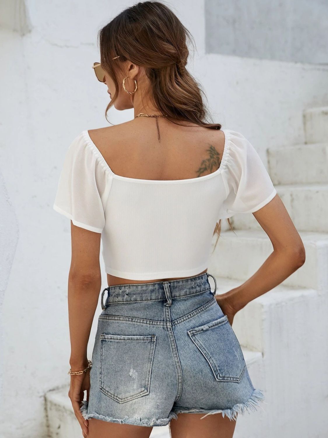 Drawstring Short Sleeve Crop Top - Celeste    