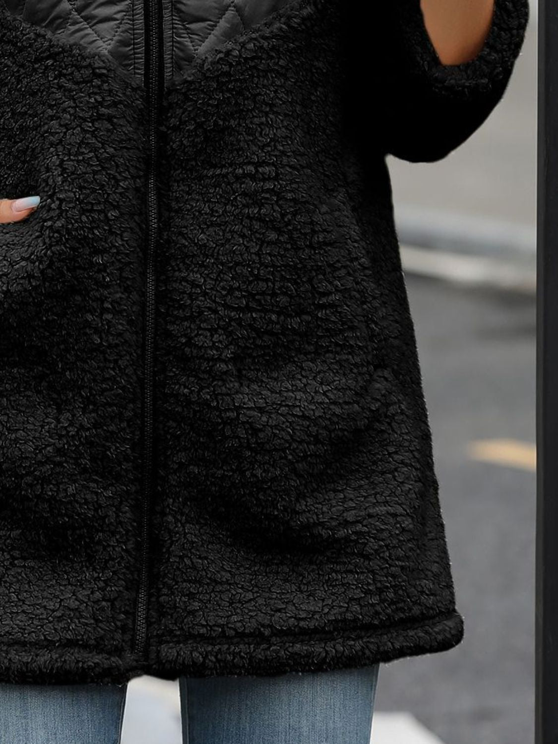 Fuzzy Zip Up Long Sleeve Hooded Jacket - Celeste    