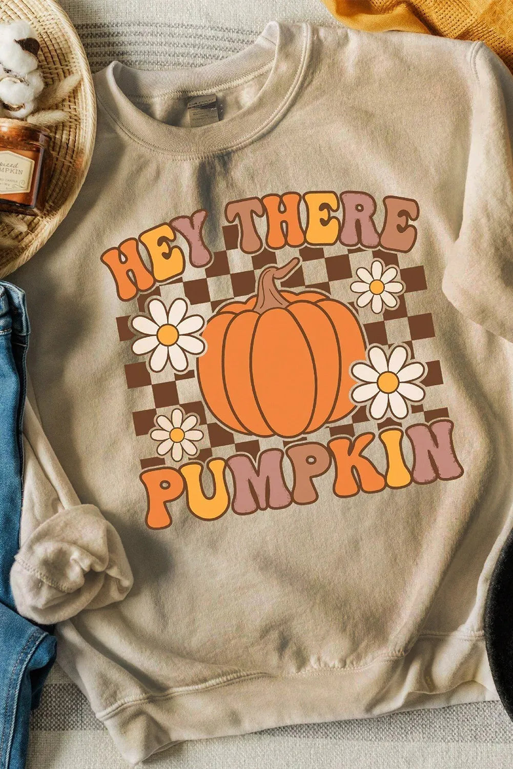 Pumpkin Graphic Long Sleeve Sweatshirt - Celeste    