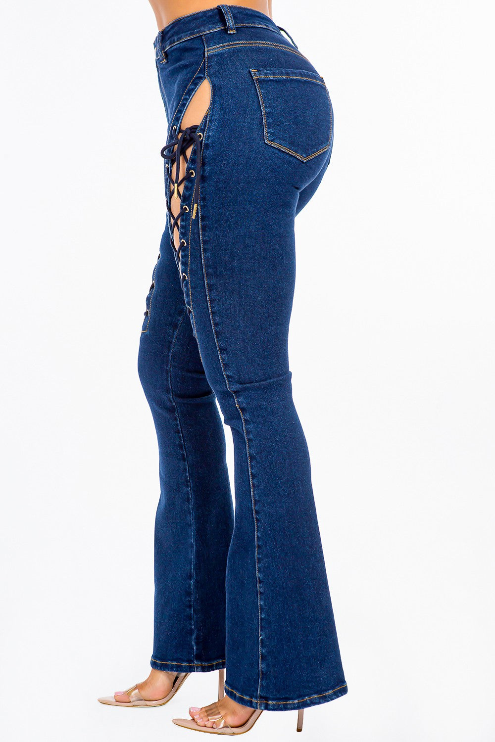 American Bazi High Rise Lace Up Jeans - Celeste    