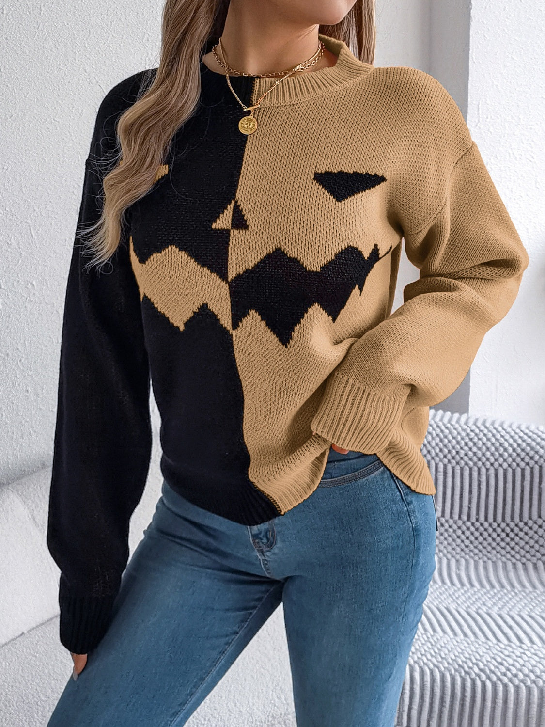 Contrast Round Neck Long Sleeve Sweater - Celeste    