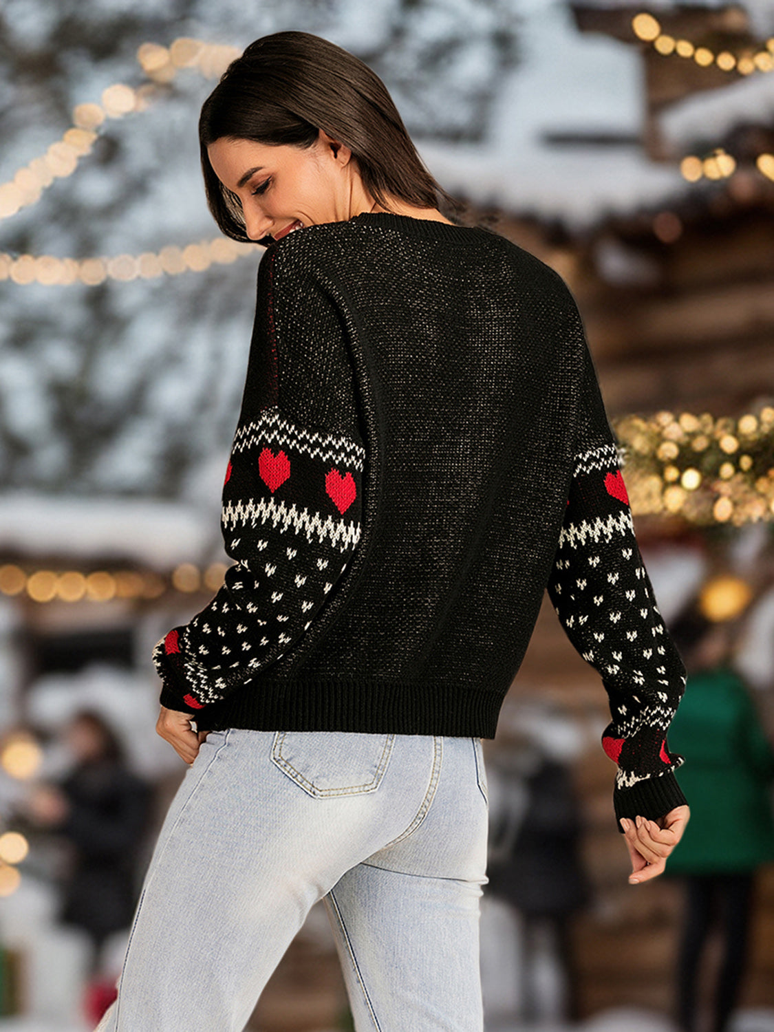 Perfee Christmas Element Round Neck Sweater - Celeste    