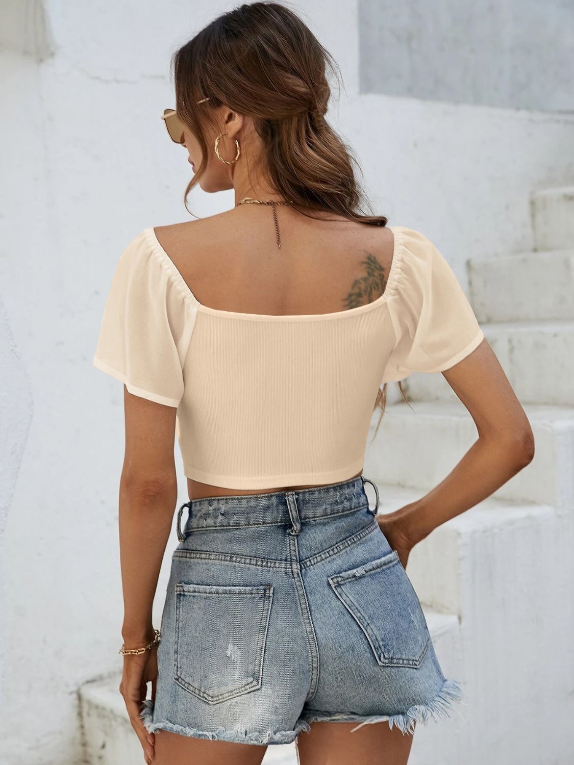 Drawstring Short Sleeve Crop Top - Celeste    